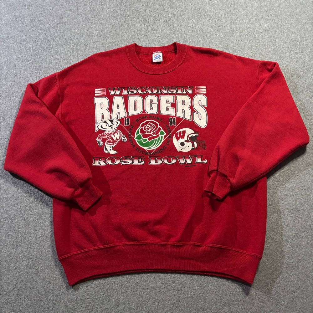 Vintage Jerzees Wisconsin Badgers Sweatshirt Mens XL Red 1994 Rose Bowl Crewneck